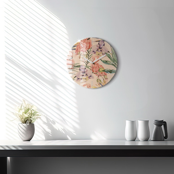 Round glass clock Tropical palm leaves