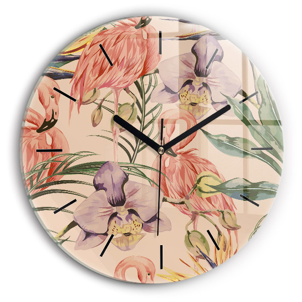 Round glass clock Tropical palm leaves