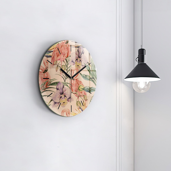 Round glass clock Tropical palm leaves