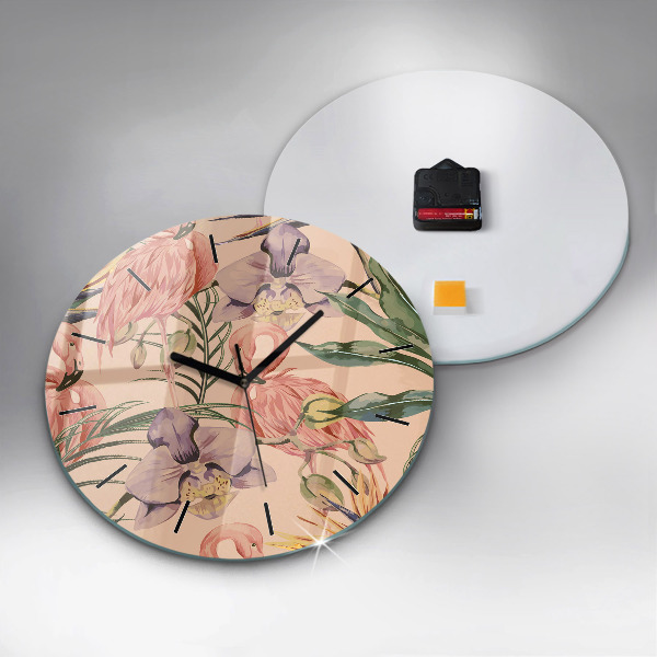 Round glass clock Tropical palm leaves