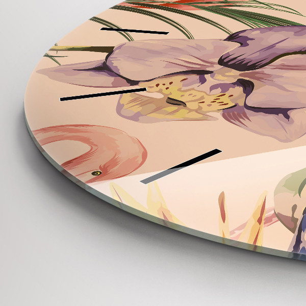 Round glass clock Tropical palm leaves