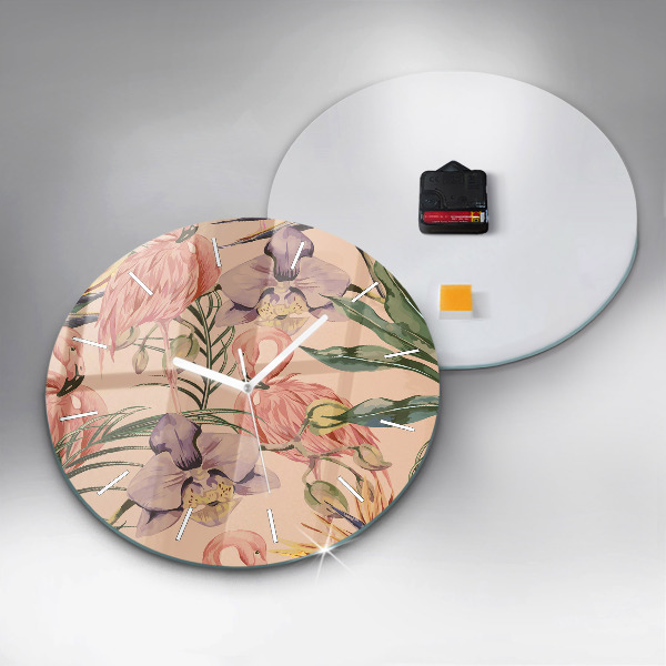 Round glass clock Tropical palm leaves