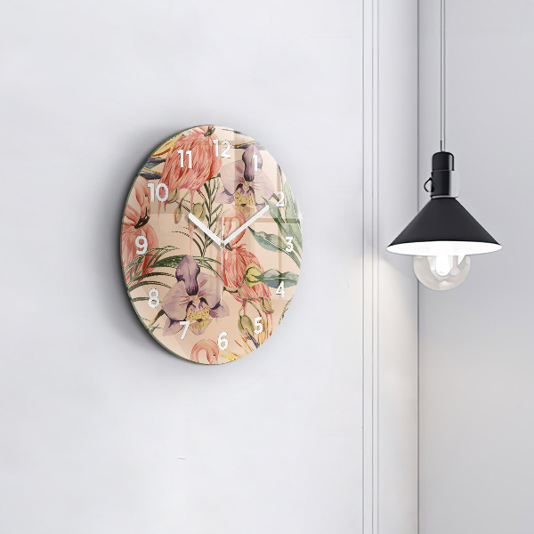 Round glass clock Tropical palm leaves