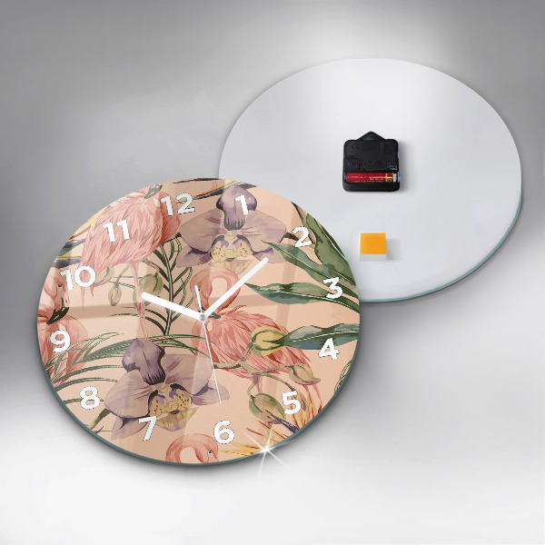 Round glass clock Tropical palm leaves