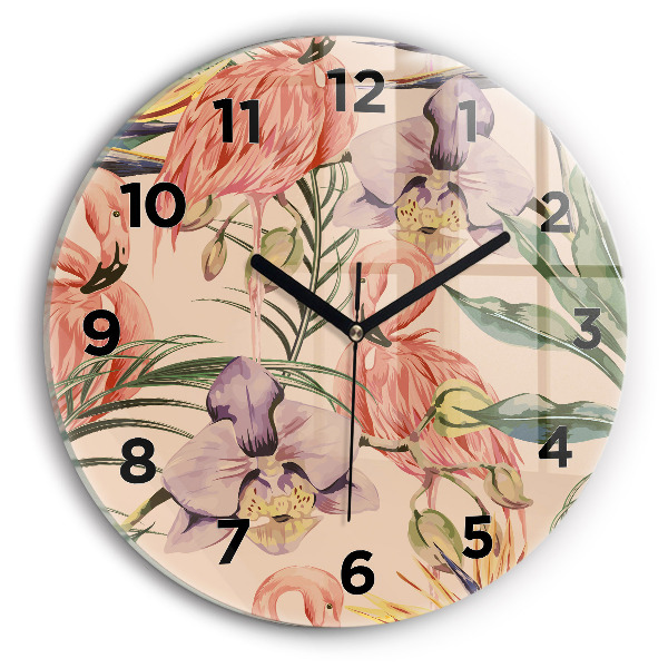 Round glass clock Tropical palm leaves