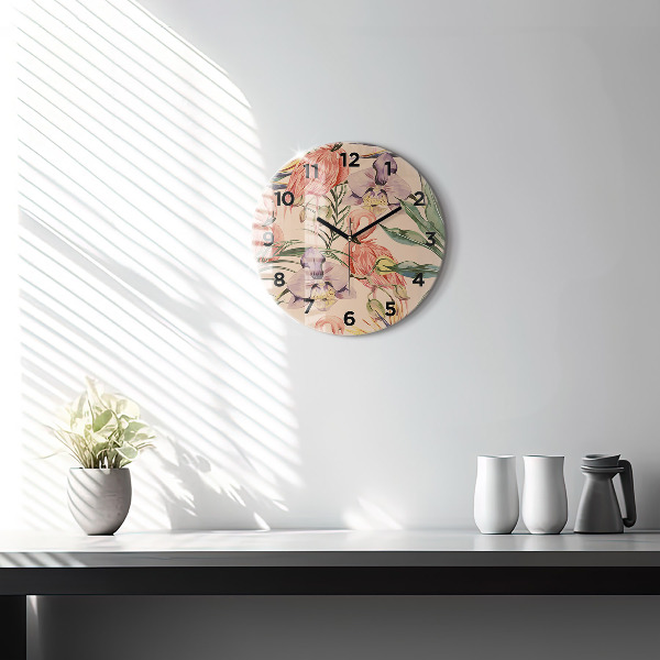 Round glass clock Tropical palm leaves
