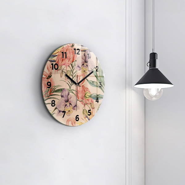 Round glass clock Tropical palm leaves