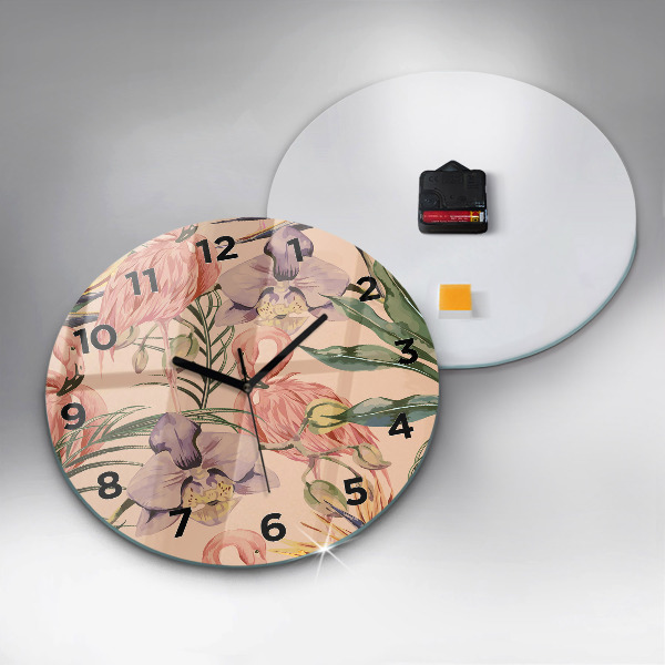 Round glass clock Tropical palm leaves