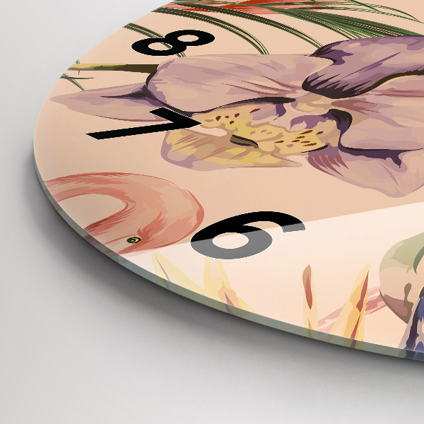 Round glass clock Tropical palm leaves