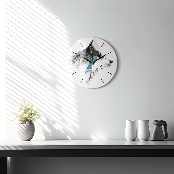 Round glass clock Painted Wolf Profile