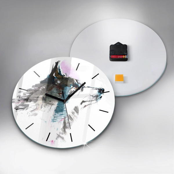 Round glass clock Painted Wolf Profile