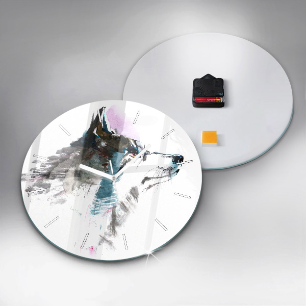 Round glass clock Painted Wolf Profile