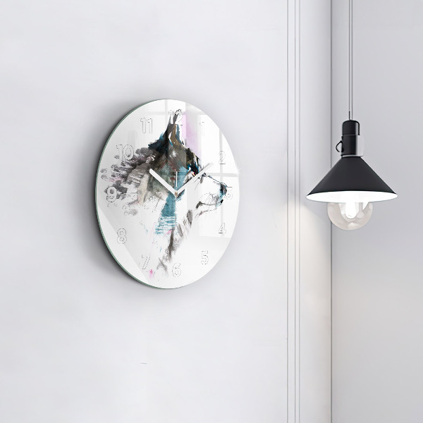 Round glass clock Painted Wolf Profile