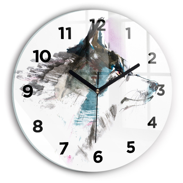 Round glass clock Painted Wolf Profile