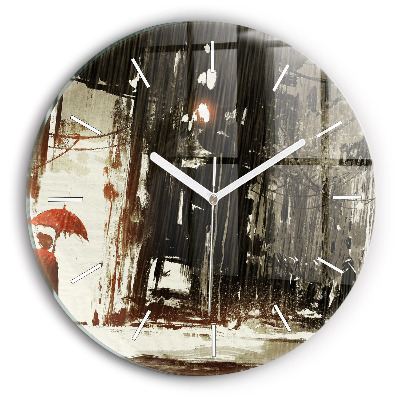Round glass clock Woman on a rainy night