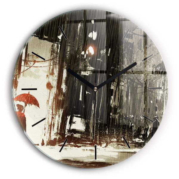 Round glass clock Woman on a rainy night