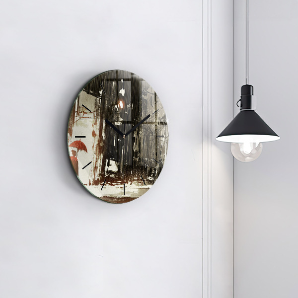 Round glass clock Woman on a rainy night