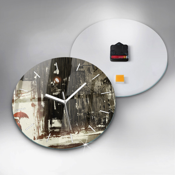 Round glass clock Woman on a rainy night