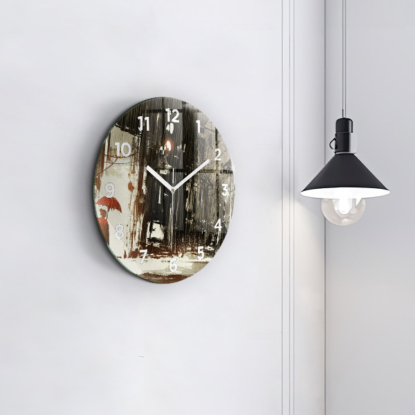 Round glass clock Woman on a rainy night