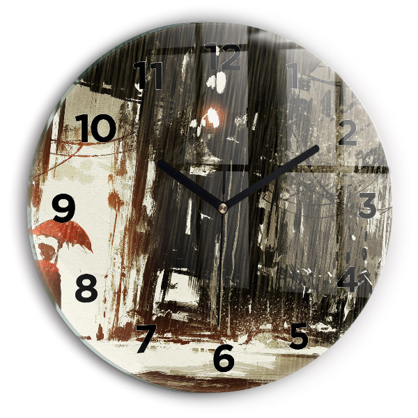 Round glass clock Woman on a rainy night