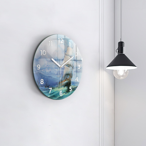 Round glass clock A ship on the water