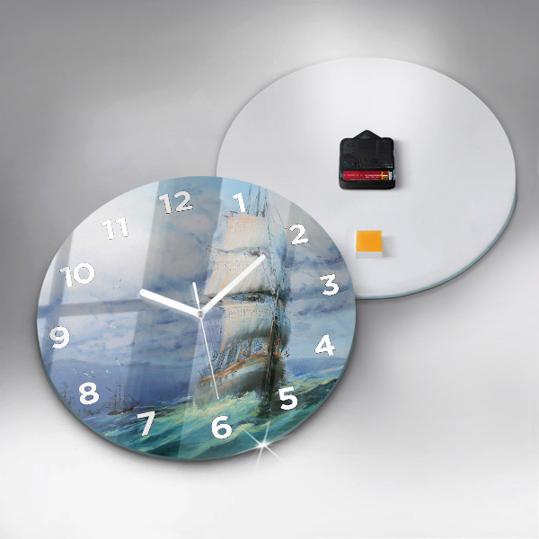 Round glass clock A ship on the water
