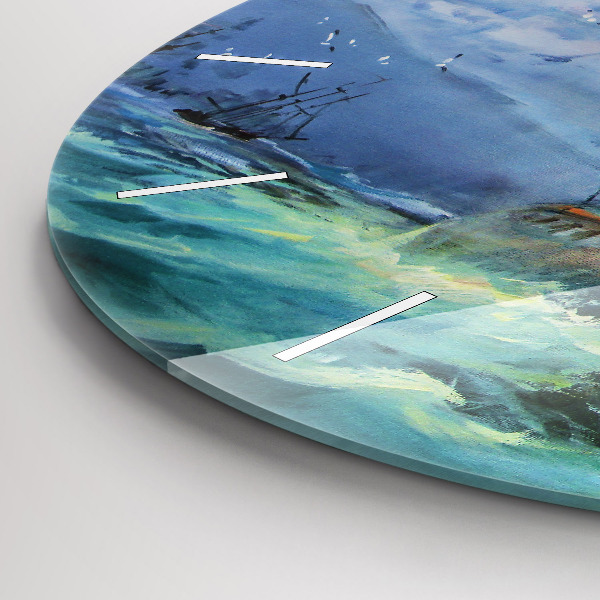Round glass clock A ship on the water