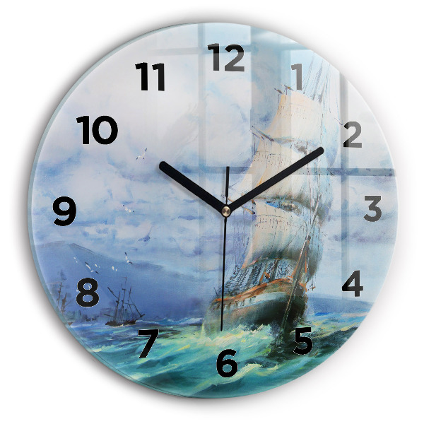 Round glass clock A ship on the water