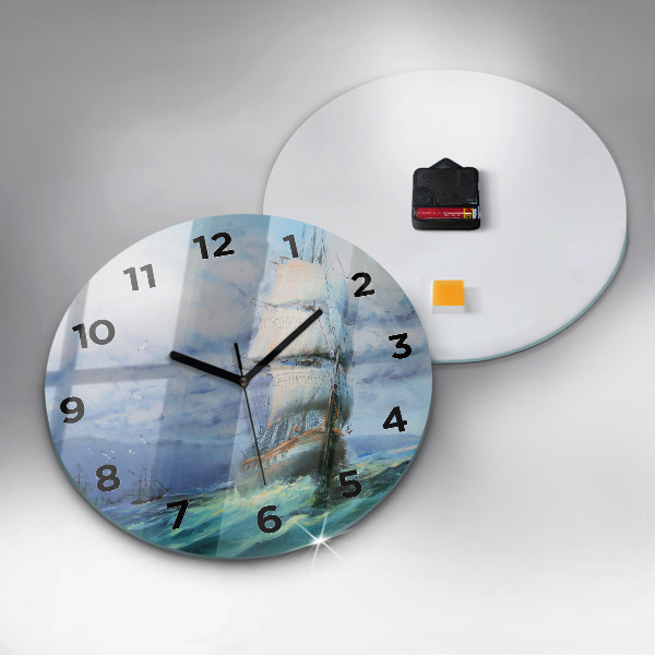 Round glass clock A ship on the water
