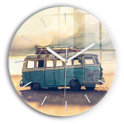 Round glass clock Camper on the beach