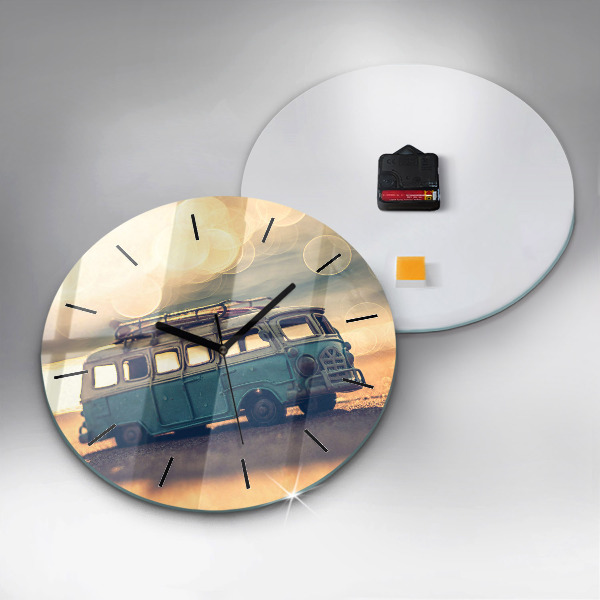 Round glass clock Camper on the beach