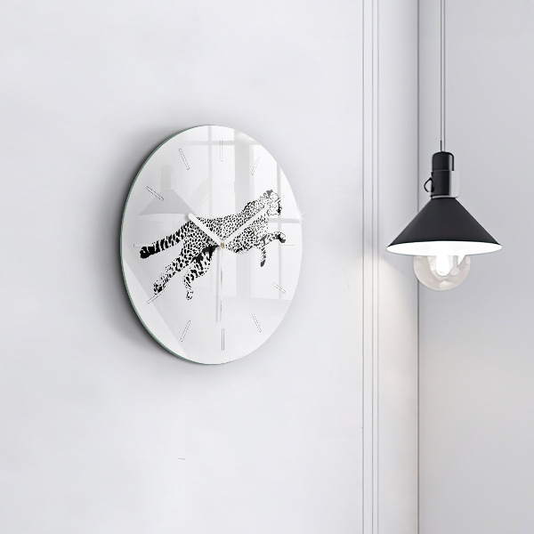 Round glass clock Silhouette of a panther