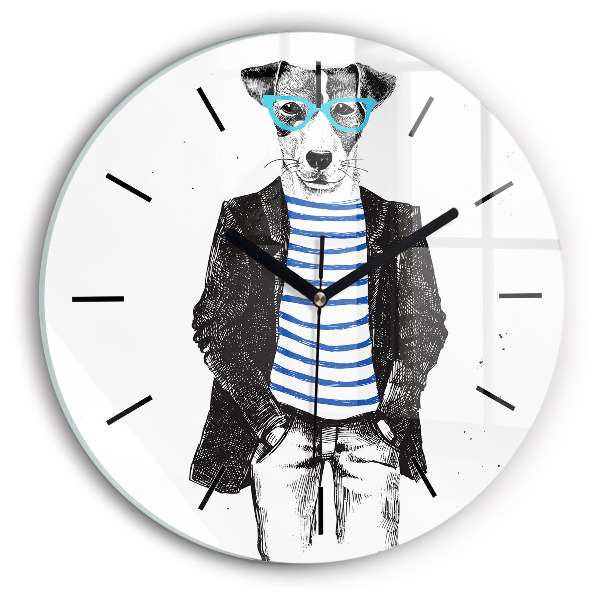 Round glass clock A dog in a human body