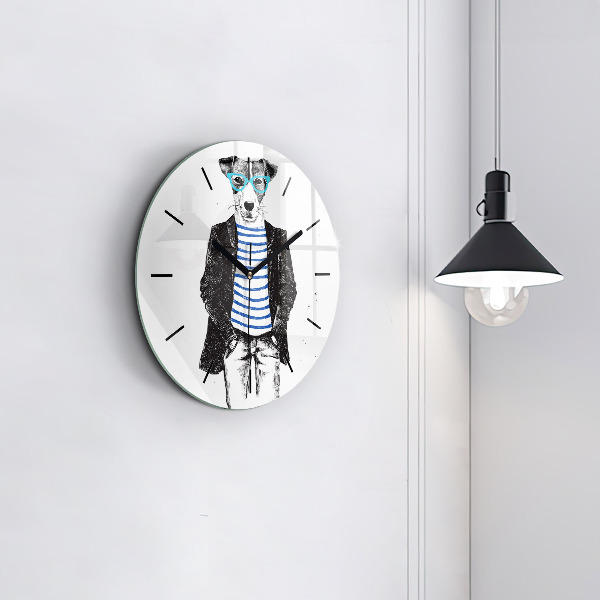 Round glass clock A dog in a human body