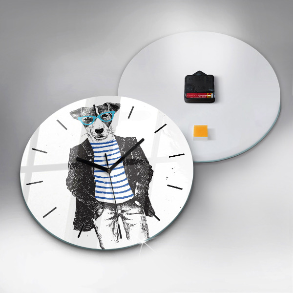 Round glass clock A dog in a human body