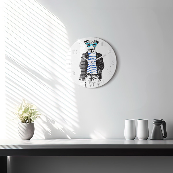Round glass clock A dog in a human body
