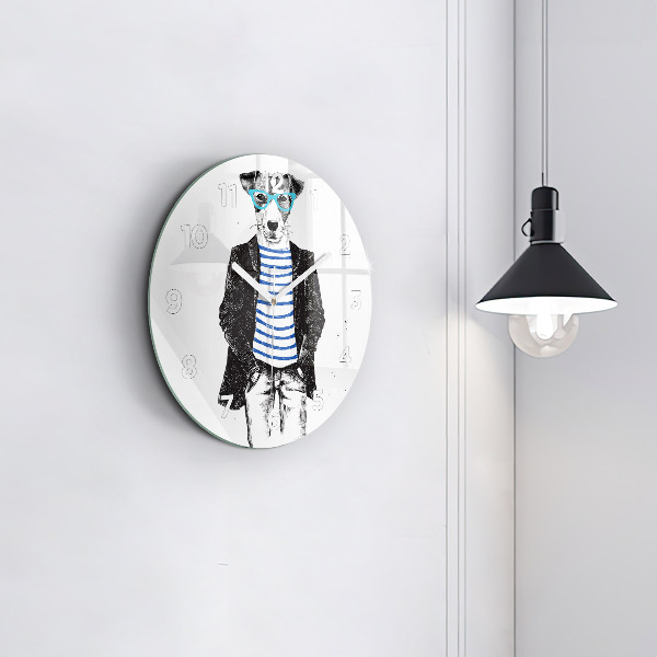 Round glass clock A dog in a human body