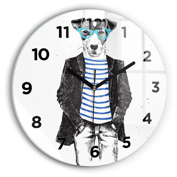 Round glass clock A dog in a human body