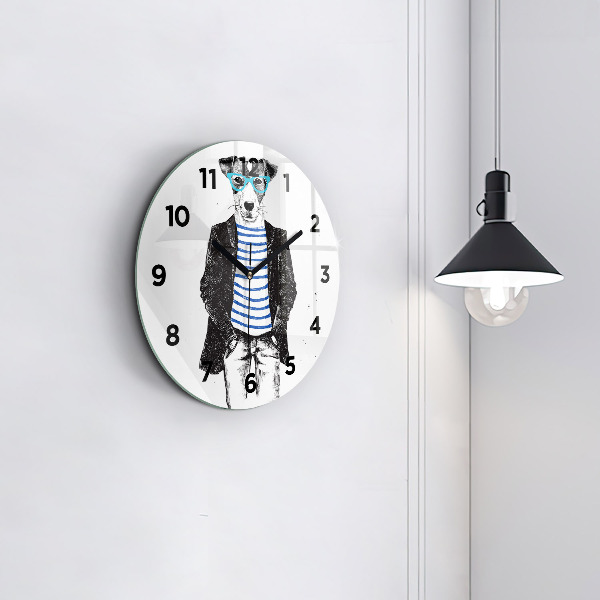 Round glass clock A dog in a human body