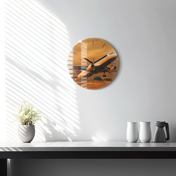 Round glass clock Travel by plane