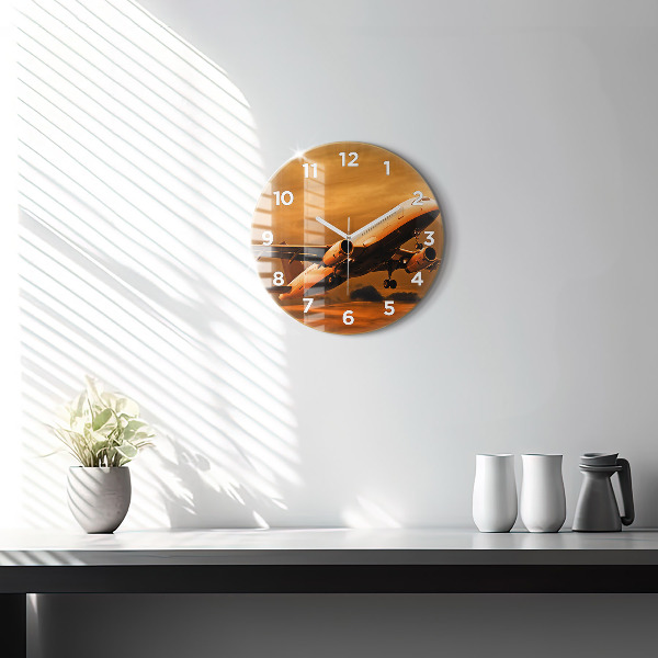 Round glass clock Travel by plane