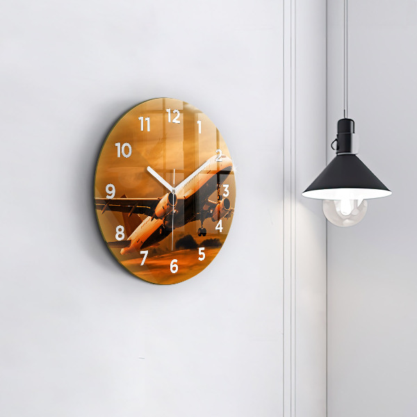Round glass clock Travel by plane