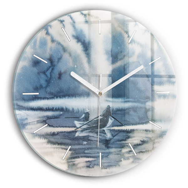 Round glass clock Winter Lake Łódka