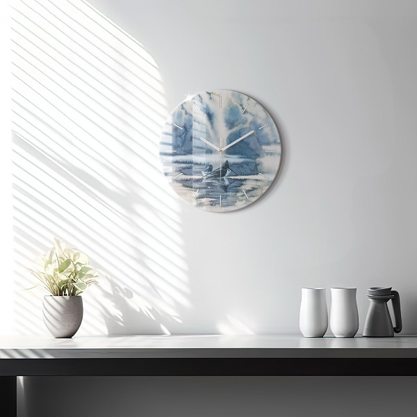 Round glass clock Winter Lake Łódka