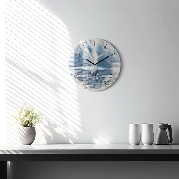 Round glass clock Winter Lake Łódka