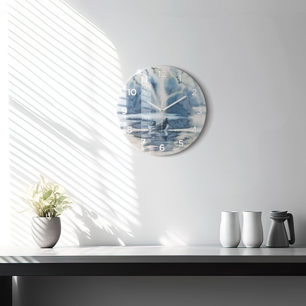 Round glass clock Winter Lake Łódka