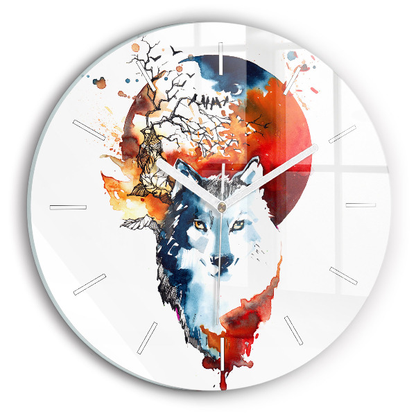 Round glass clock The Wolf and the Full Moon
