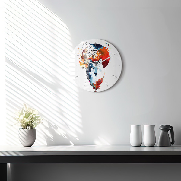 Round glass clock The Wolf and the Full Moon