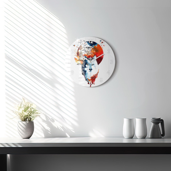 Round glass clock The Wolf and the Full Moon