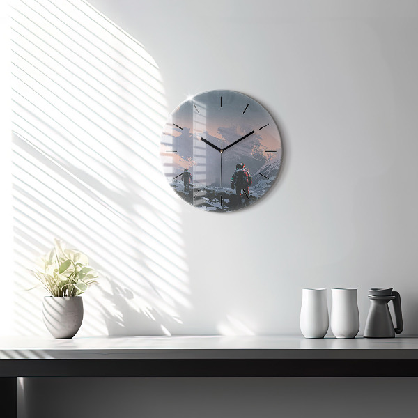 Round glass clock Astronauts abstract